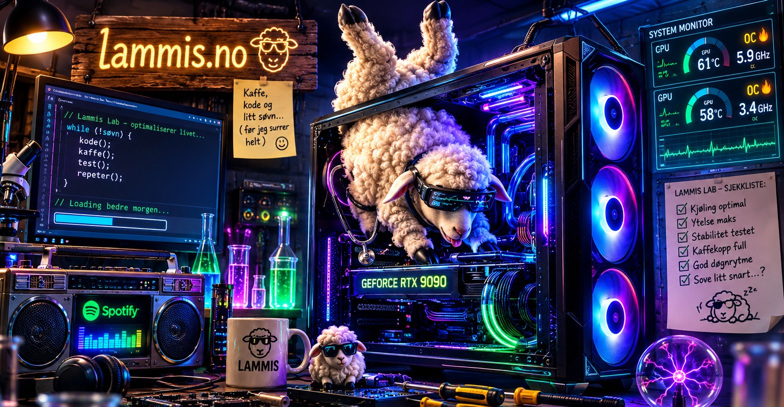Humoristisk lam med smartbriller og stetoskop står på hodet inne i en avansert gaming-PC med GeForce RTX 9090. Rundt står målere for CPU- og GPU-temperatur og klokkehastighet, selvlysende reagensrør og en boombox med Spotify.